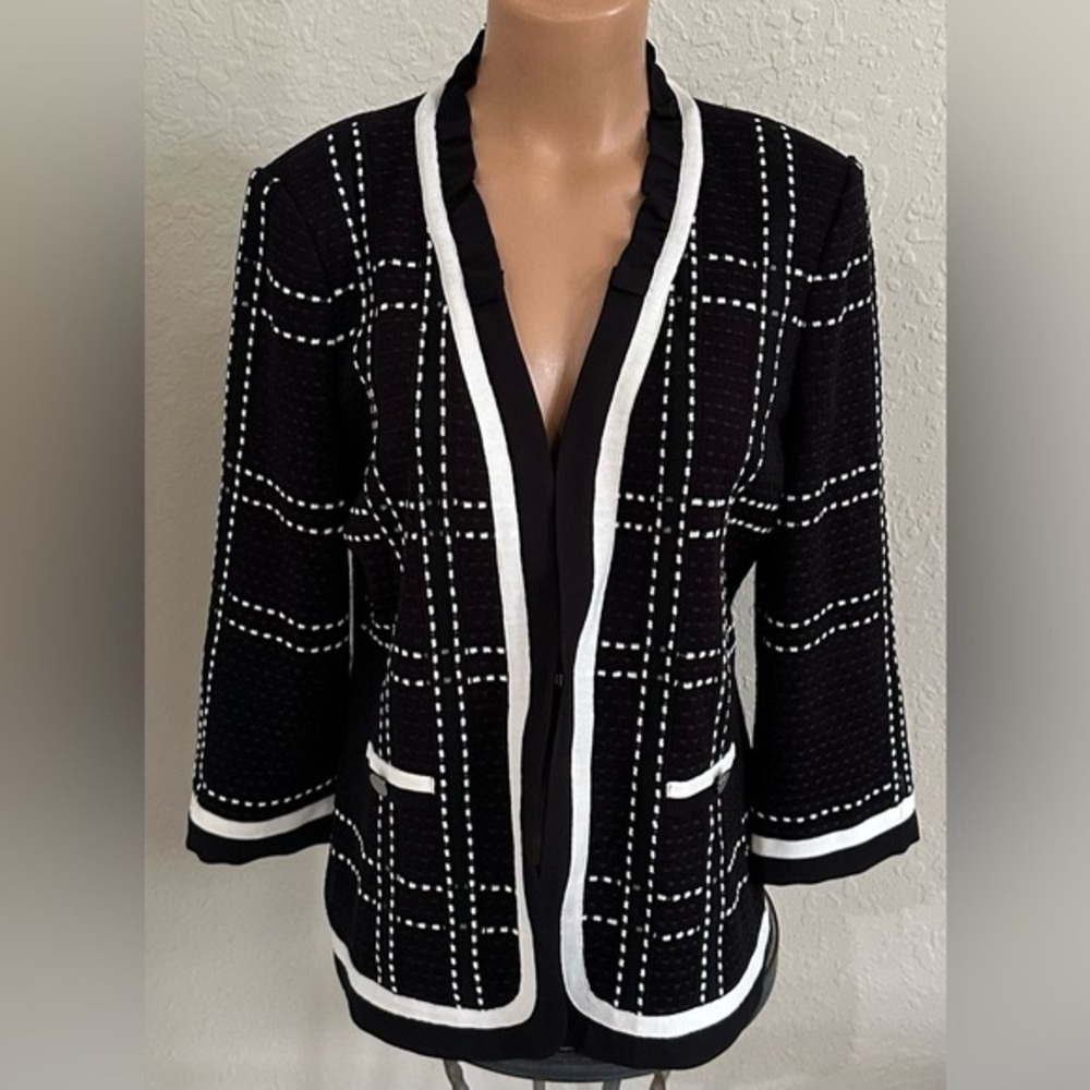 Misook Black & White Open-Front Check Knit Jacket